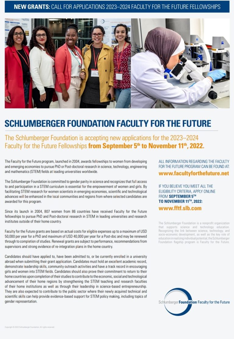 Schlumberger Foundation Faculty for the Future Fellowship 2023/2024 for