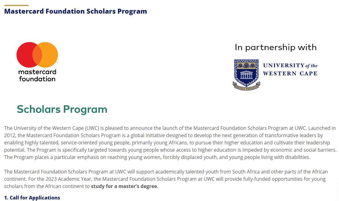 MasterCard University of the Western Cape (UWC) Scholars Program 2024