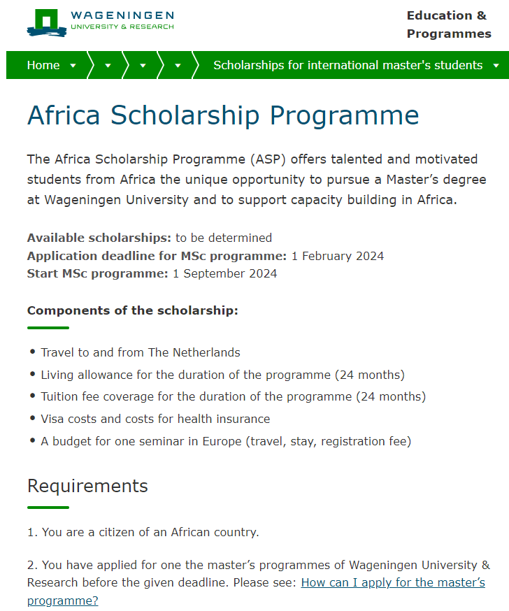 Wageningen University Africa Scholarship Programme (Masters) 2024/2025