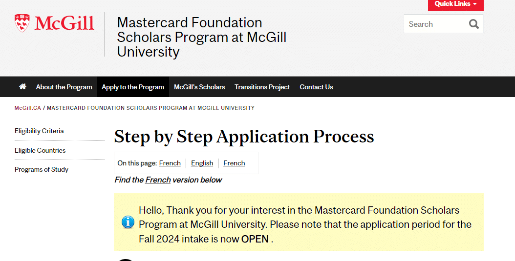 McGill University Canada MasterCard Foundation Scholarships 2024/2025