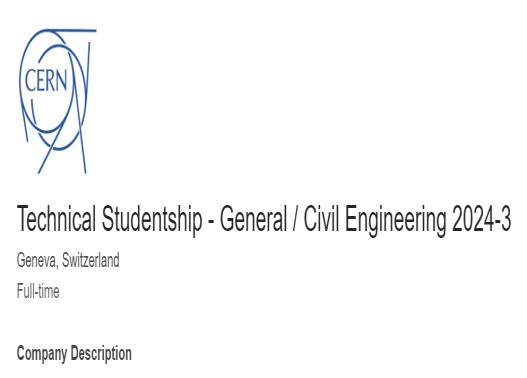 CERN Technical Studentship for General / Civil Engineering in Switzerland 2024