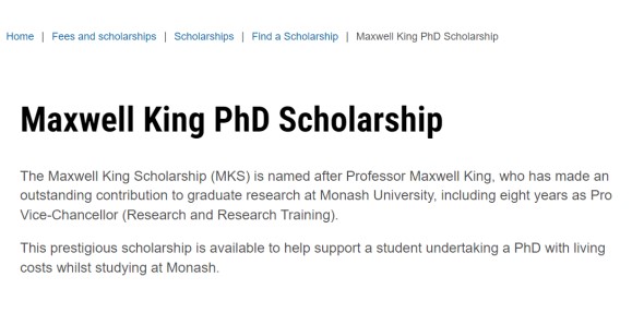 Maxwell King 2024 PhD Scholarship for International Students at Monash University