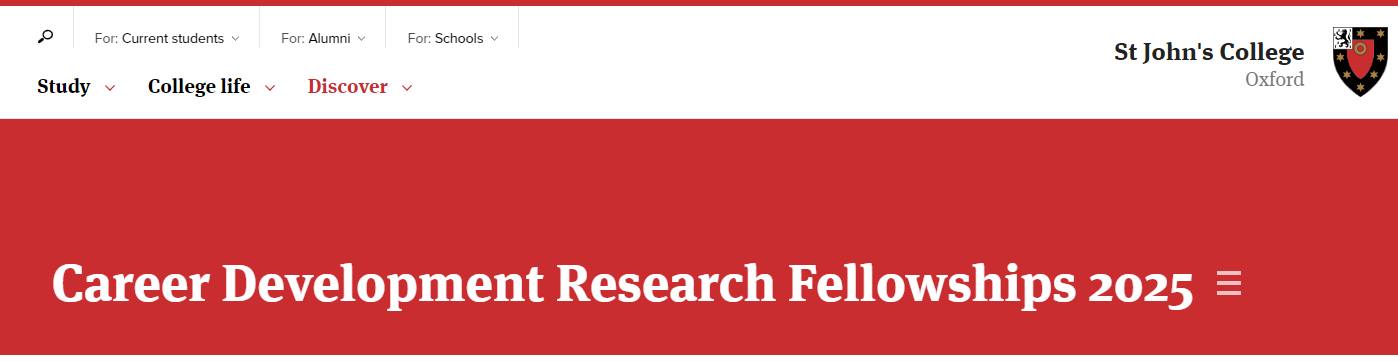 St John's College, Oxford Career Development Research Fellowships 2025