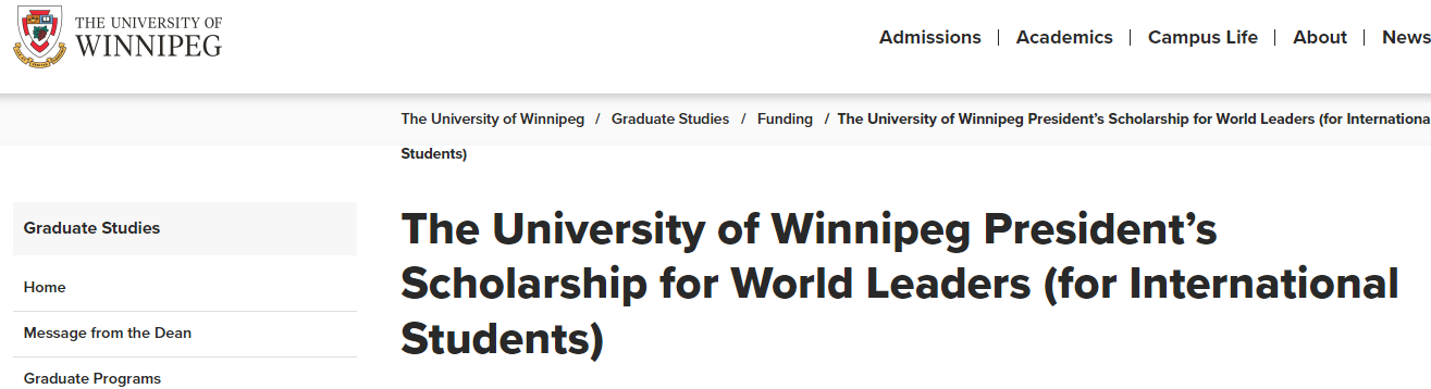 University of Winnipeg President’s Scholarship for World Leaders 2025 (for International Students)