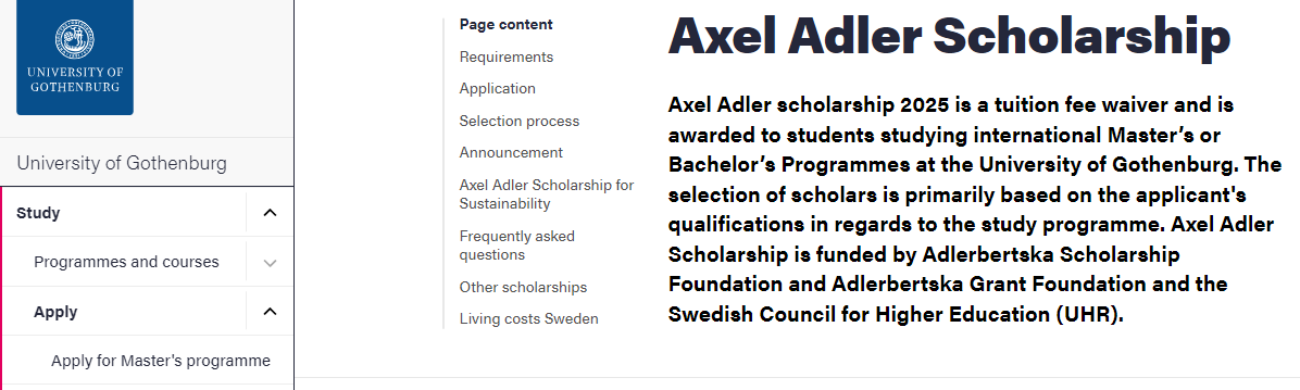 University of Gothenburg Axel Adler Scholarship 2025 To Study In Sweden