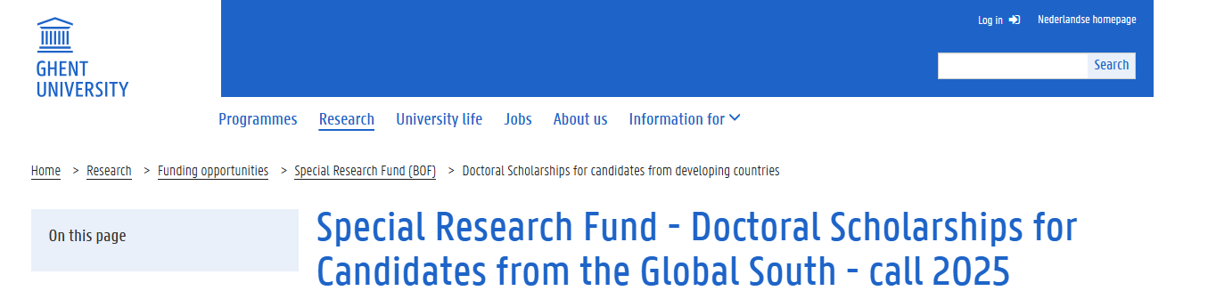 BELGIUM: Ghent University Special Research Fund - Doctoral Scholarships for Students from Developing Countries (Funded)