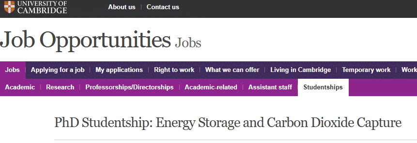 University of Cambridge PhD Studentship In  Energy Storage and Carbon Dioxide Capture 2025 (Funded)