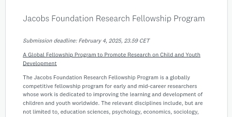 Jacobs Foundation Research Fellowship Program 2025 For Mid-Career Researchers Globally (CHF 150,000 Stipend)