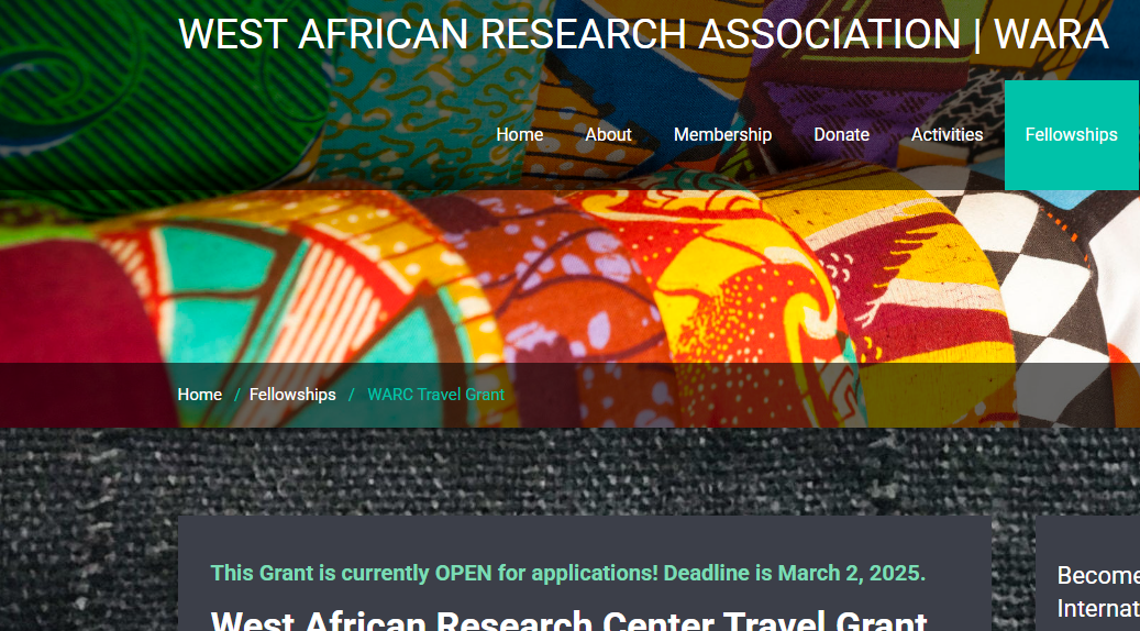 West African Research Center (WARC) Travel Grant Program 2025 for African Scholars, Graduates and Researchers ($1,500 Grant)