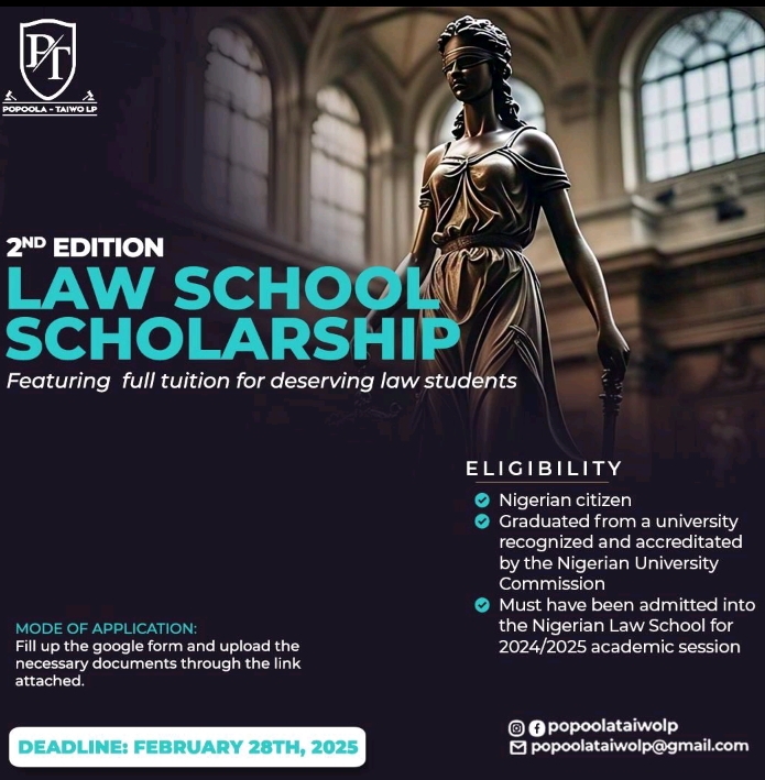 Popoola Taiwo Annual Law School Scholarship 2025 For Nigerian Students Now Open!