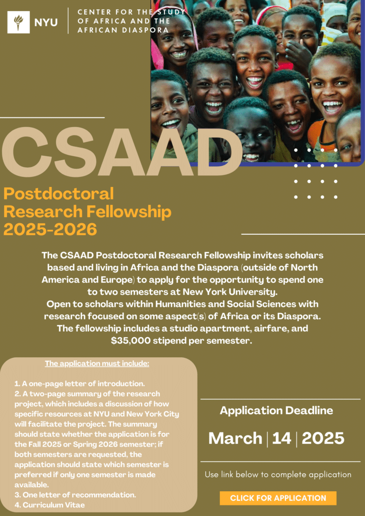 New York University CSAAD 2025/2026 Post Doctoral Research Fellowship for African Scholars ($35,000 stipend per semester)