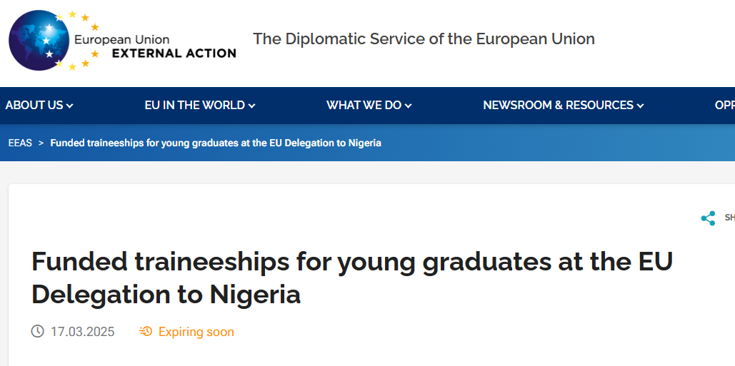 Funded Traineeships 2025 For Young Graduates At The EU Delegation To Nigeria